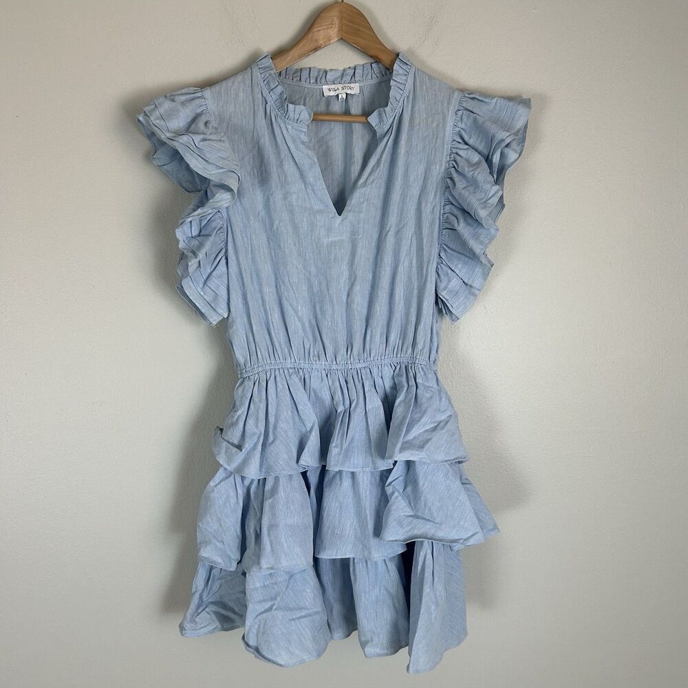 Willa Story L Linen Tiered Layered Ruffle Mini Dress V-neck Coquette Preppy Chic